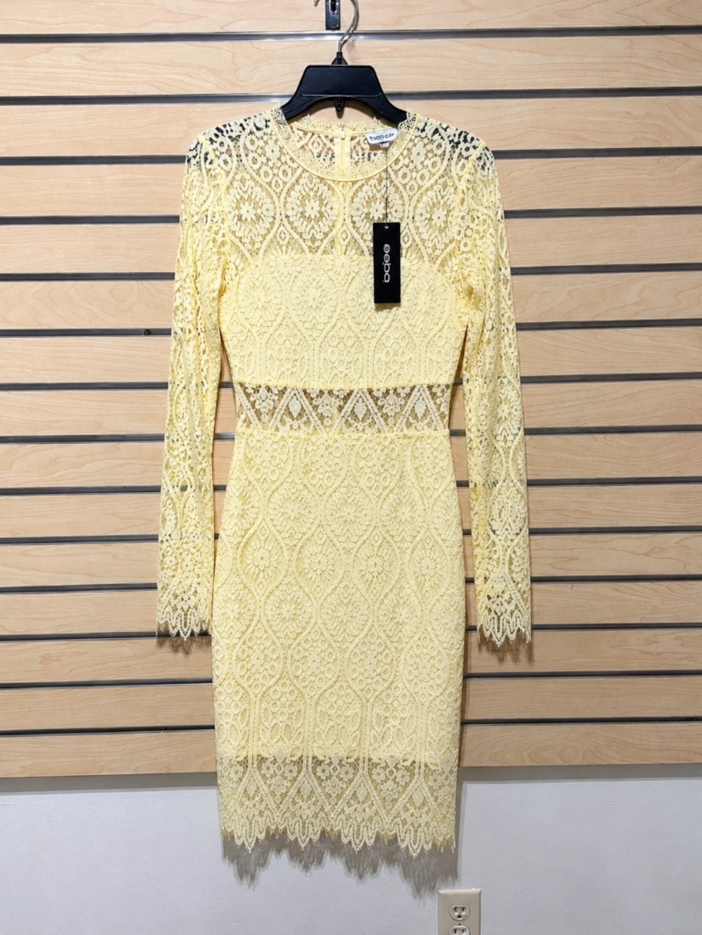 NWT Bebe Yellow Lace Sheath Dress Long Sleeve Cocktail Midi